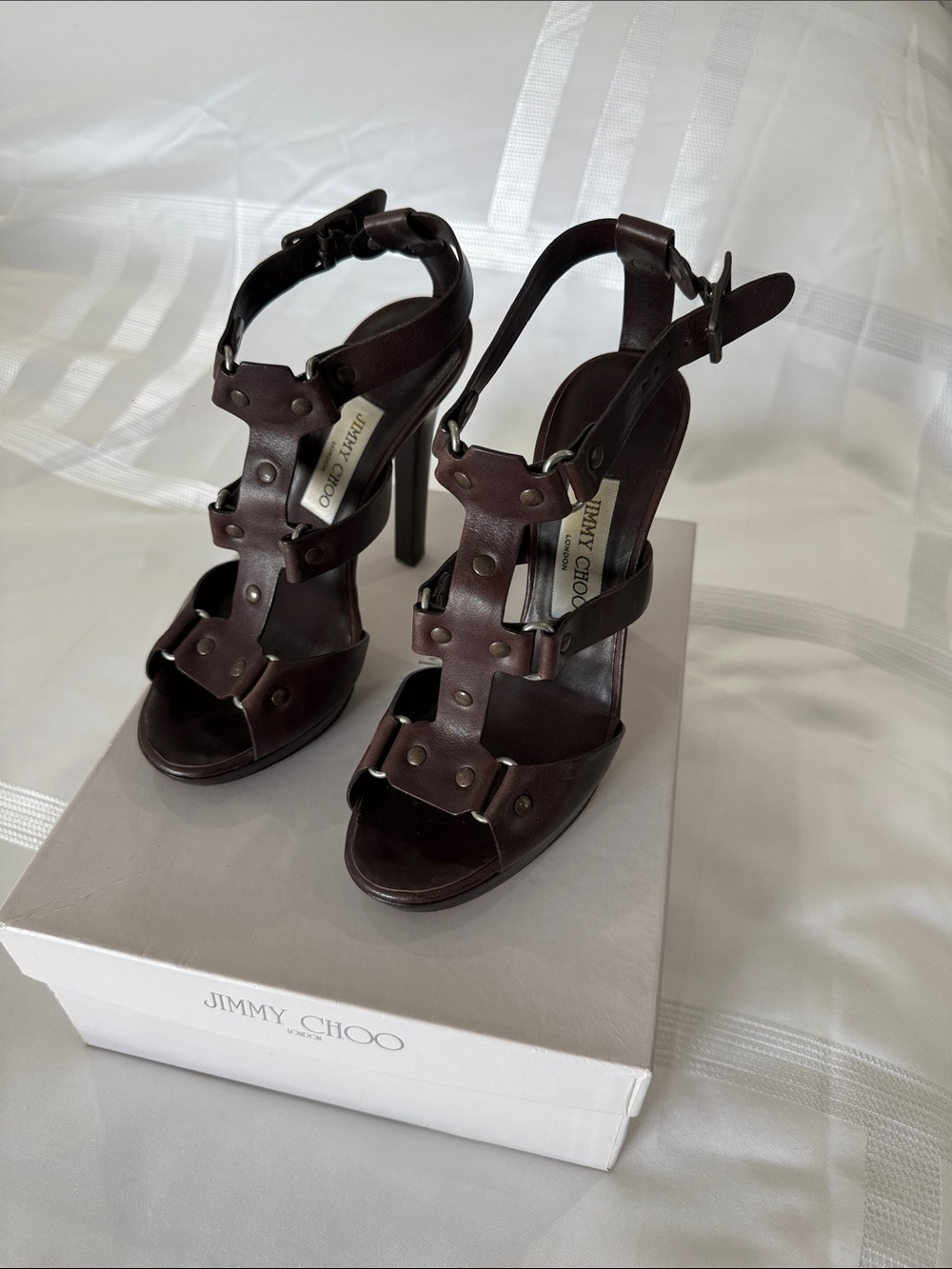Jimmy Choo Dark Brown Leather Studded Platform Heel Sandals